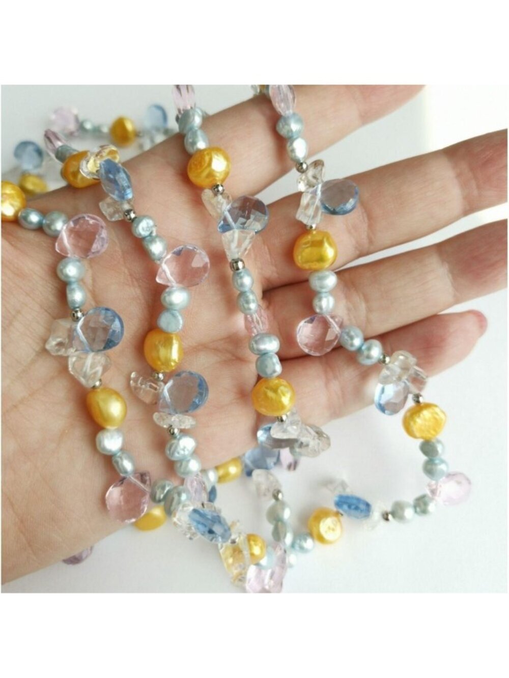 Freshwater Pearl and Crystal Rope Necklace Blue and Yellow 46" 🆕 - Picture 3 of 8